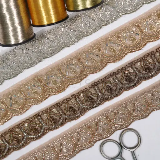 Fancy Metallic Yarn Scallop Edge Lace with Glass Beads & Sequence Accent