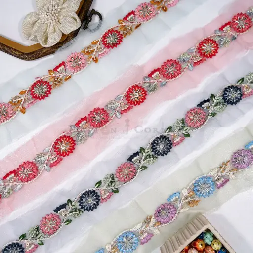 [FANL1953 MULTI] Geometric Floral Design Embroidery Lace with Glass Beads & Sequence