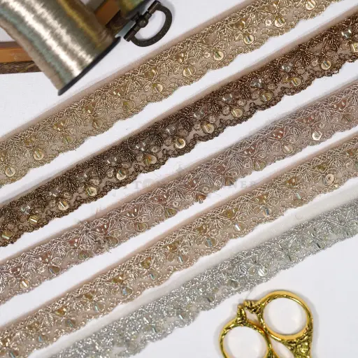 Scallop Border Glass Beads & Sequence Fancy Metallic Yarn Lace