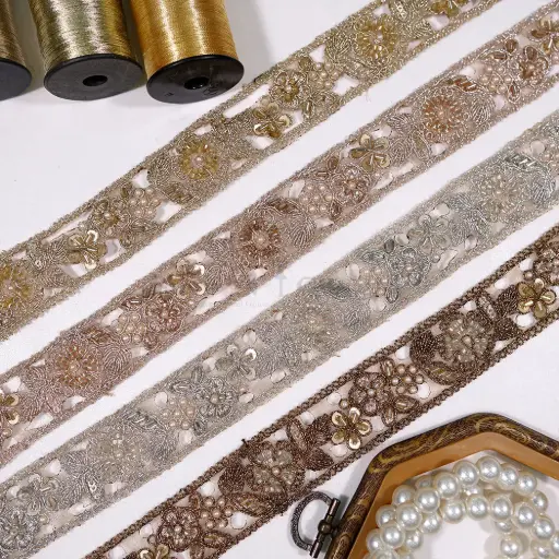 Geometric Design Fancy Metallic Yarn Sequence & Glass Beads Lace