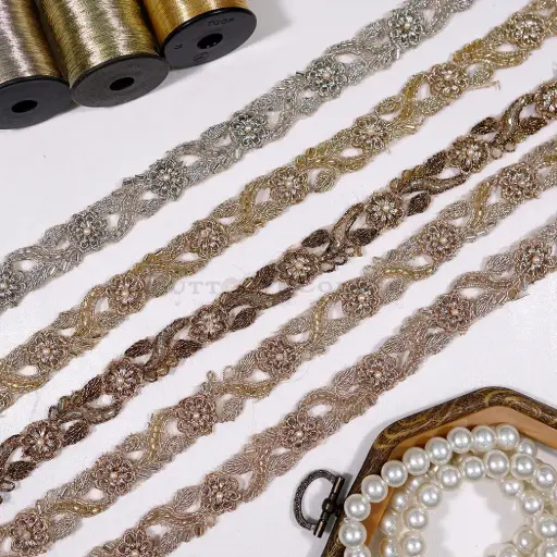 Floral Design Pearl & Glass Beads Accent Fancy Metallic Yarn Lace