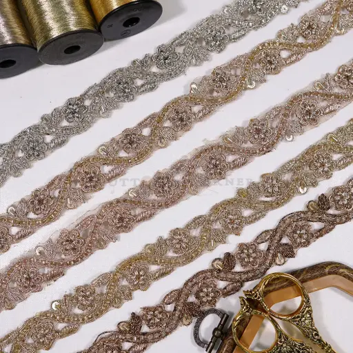 Leaf & Floral Design Fancy Metallic Yarn Lace with Glass Beads & Sequence