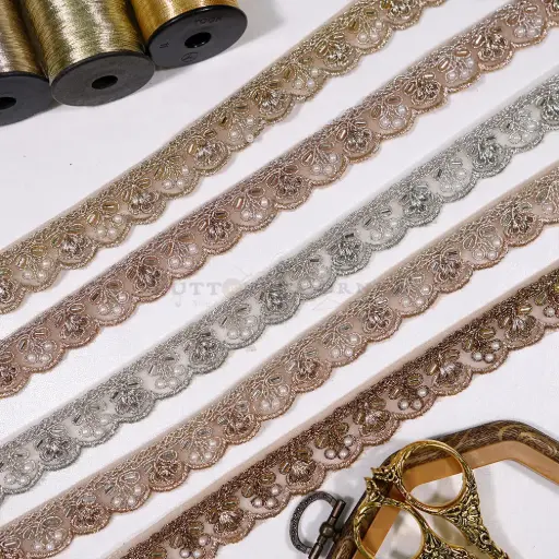 Scallop Border Embellished with Pearl & Glass Beads Fancy Metallic Yarn Lace