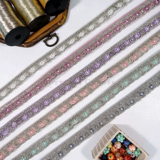Silver Metallic Yarn Fancy Lace Ornate with Glass Beads, Sequence & Pearl