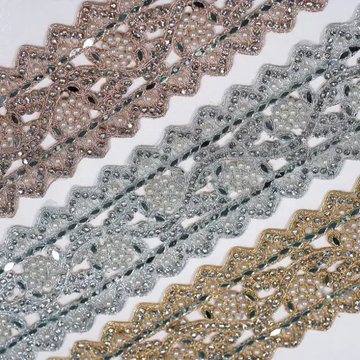 Decorative Rhinestone & Pearl Accent Fancy Metallic Yarn Lace