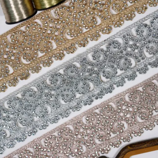Decorative Scallop Border Metallic Yarn Fancy Lace Embellished with Stones