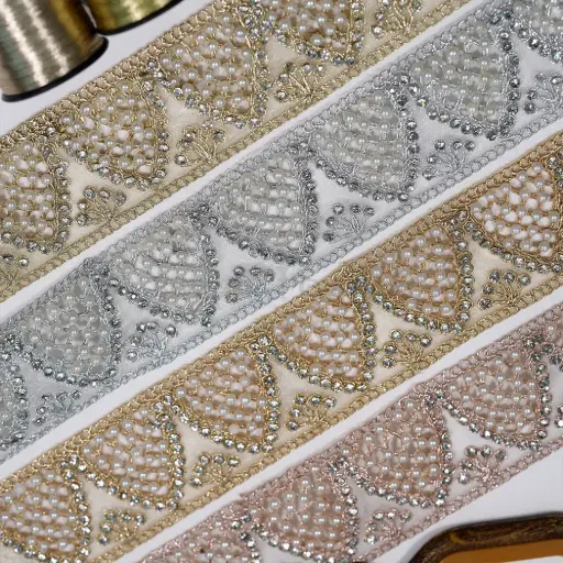 Decorative Pearl & Stones Embellishment Fancy Metallic Yarn Lace