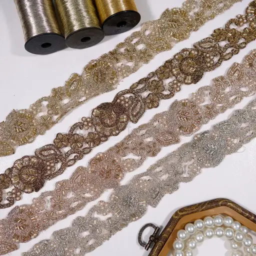 Fancy Metallic Yarn Lace Embellished with Pearl & Glass Beads