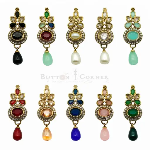 Tiered Oval Cascading Petal Meenakari Button with Rhinestone 