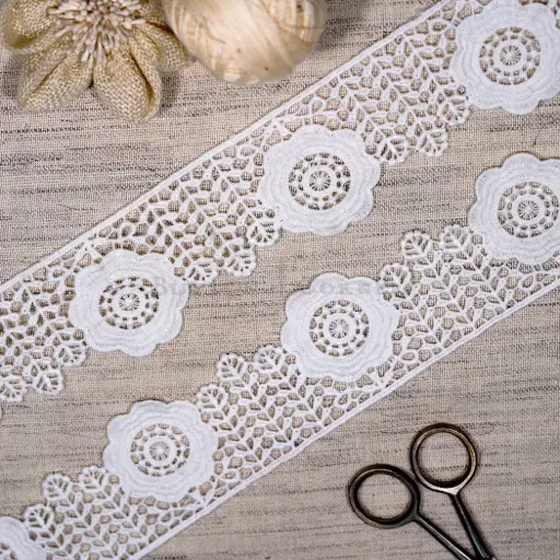[ALN584 WHITE] Blooming Blossom Design with Decorative Leaf Pattern Side Border Shuttle Lace