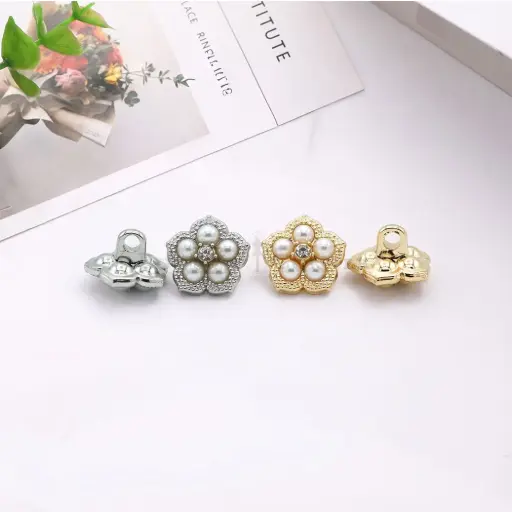 Flower Design with Pearl & Rhinestone Embellishment Fancy Shank Button