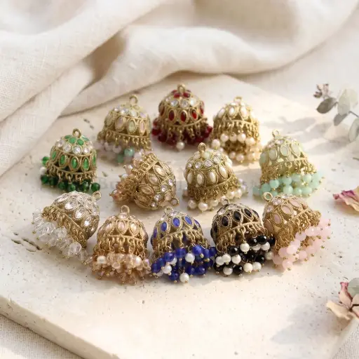 Pearl Dangles & Decorative Rhinestones Fancy Meenakaar Hanging Button