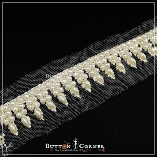 [AL969-WHITE] Fancy Embroidery Pearl Net Lace
