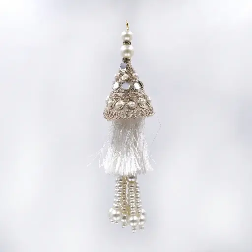 [TSL195 WHITE] Embroidery Thread Cap Design Mirror Pearl Tassel