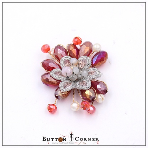 [BCF028-RED] Fancy Flower & Crystal Beads Button