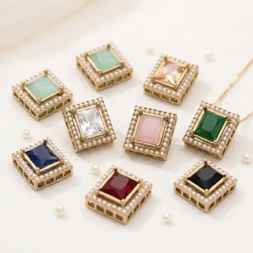 Square Kundan & Pearl Luxury Button