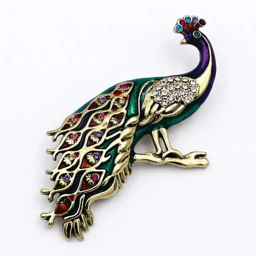 [9391 MULTI] Peacock With Diamonds Brooch