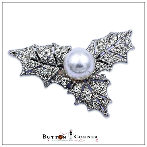 [8025 SILVER] Leaves Pearl With Diamonds Brooch