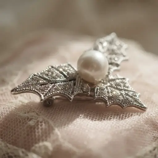 [8025 SILVER] Leaves Pearl With Diamonds Brooch