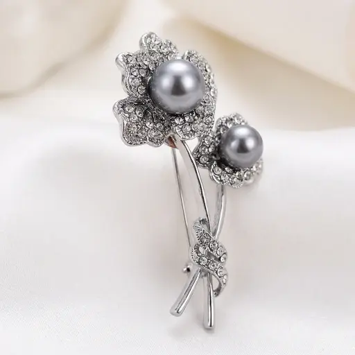 [8564 SILVER GREY] Flower Bouquet With Pearl Brooch