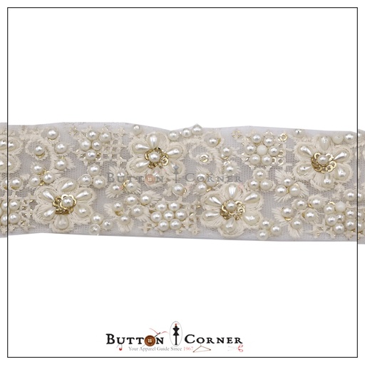 [EML320-WHITE] One Side Embroidery Pearl Net Lace