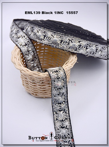 [EML139-BLACK SILVER] Double Side Border Embroidery Lace