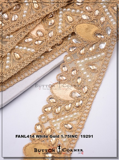 [FANL414-WHITE GOLD] Fancy Kundan & Pearl Lace