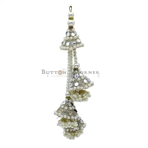 [TSL227 WHITE] Metallic Yarn, Four-Cap Mirror, Pearl, Tassel