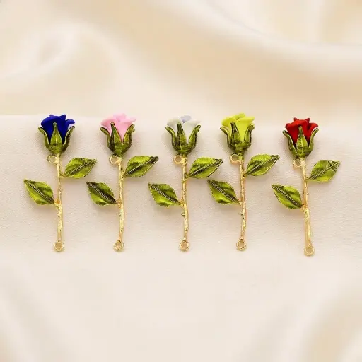 Double Hook Enamel Rose Leaf🌹Flower in Metal with Gold Base