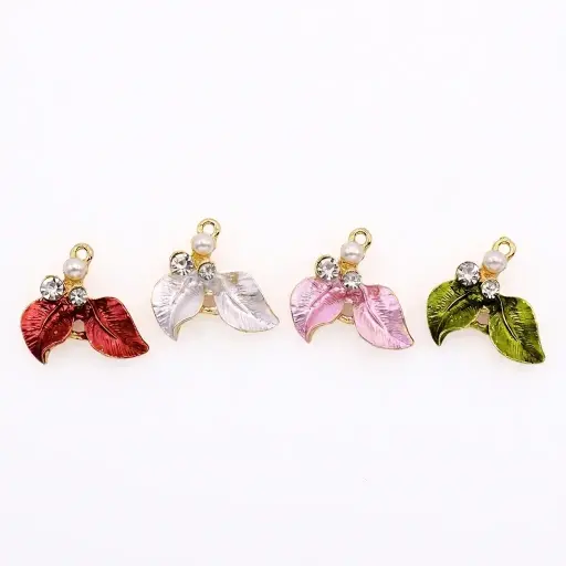 Enamelled Double Leaf Hanging Pendant with Pearl & Rhinestone Accents