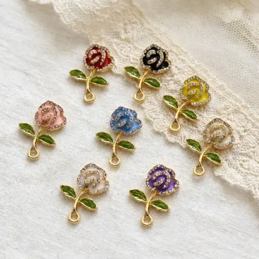 Enamel Flower & Leaf With Stones in Metal with Gold Base
